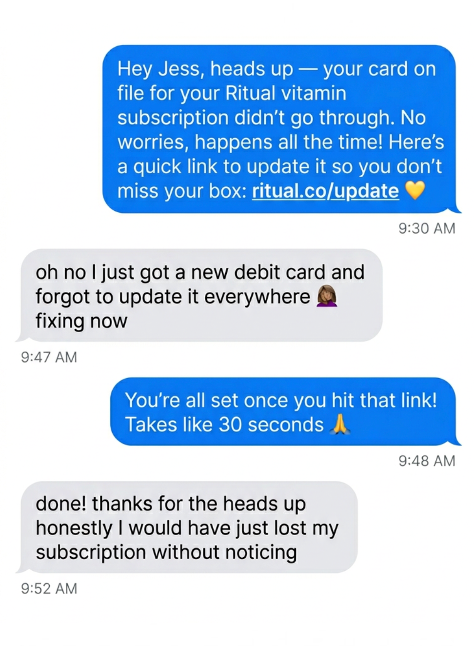 Failed payment recovery iMessage conversation example