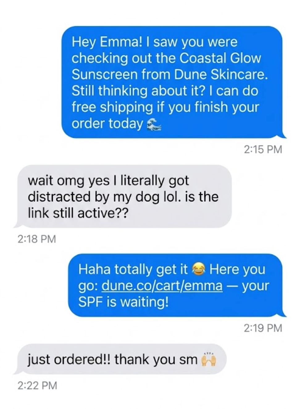 Abandoned cart recovery iMessage conversation example